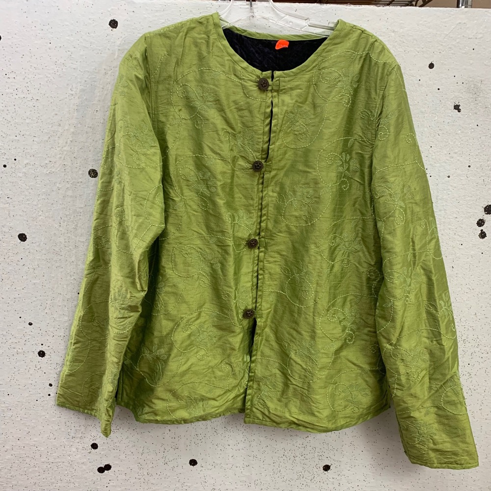 Coldwater Creek Reversible Quilted Velvet Embroidered Jacket Green Purple M NEW